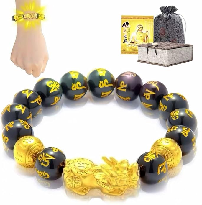 Feng Shui Bracelet 24K Gold Plated PiXiu, Colored Eyes Obsidian Dragon Protection Bracelet Meditation Decompression Prayer Beads Lucky Wealth Bracelets for Men Women(12mm)