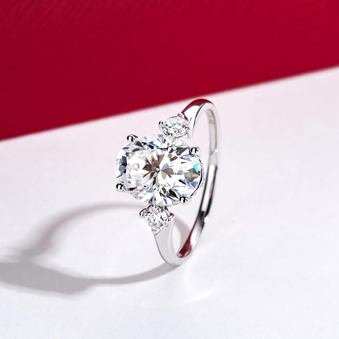 Solid 14K Gold 3.36ct Moissanite Three Stone Rings (3ct Center Stone), Round/Oval/Emerald Shape, Real Gold | D Color and Flawless Moissanite | Wedding Anniversary Ring