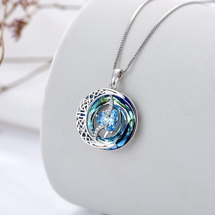 TOUPOP Birthstone Necklace 925 Sterling Silver Moon and Star Pendant with Blue Crystal Celtic Moon Jewelry Birthday Christmas Gifts for Women Mom Wife Her Daughter