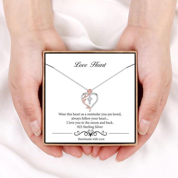 Iefil Rose Heart Necklaces Gifts for Women - 925 Sterling Silver Rose Heart Initial Necklace, Anniversary Birthday Gifts for Women, Jewelry Gift for Her Wife Girlfriend Mom Daughter