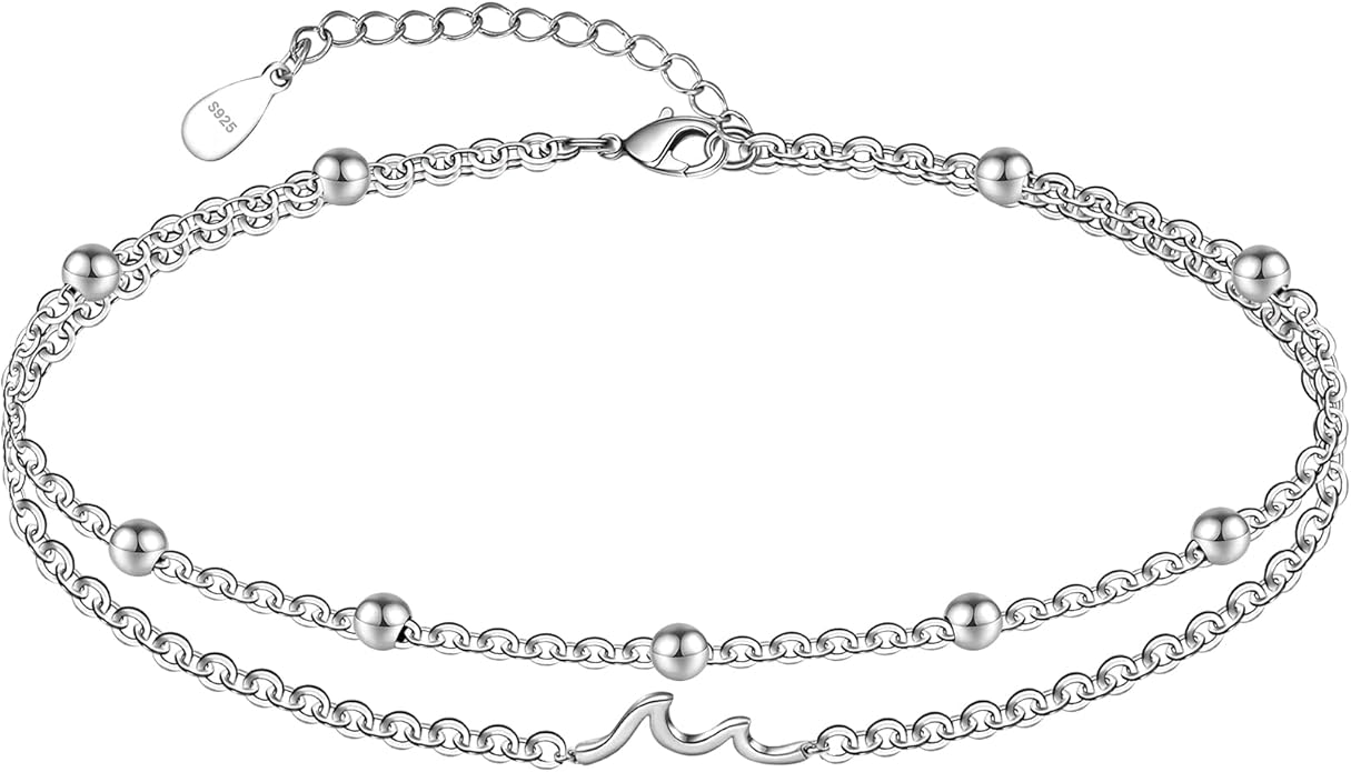 CHIC & ARTSY Womens Sterling Silver Created Opal Layered Anklet Bracelet Dainty Beaded Chain Adjustable 11" Best Friend Anklet