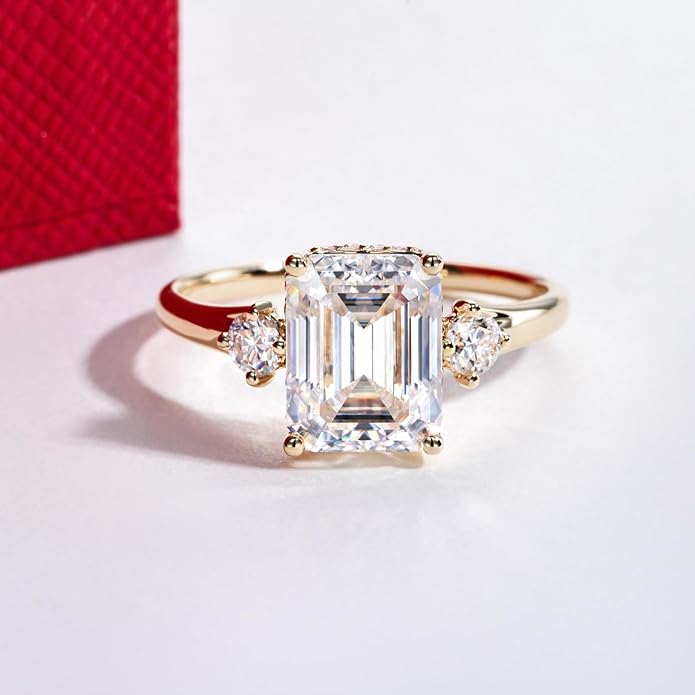 Solid 14K Gold 3.36ct Moissanite Three Stone Rings (3ct Center Stone), Round/Oval/Emerald Shape, Real Gold | D Color and Flawless Moissanite | Wedding Anniversary Ring