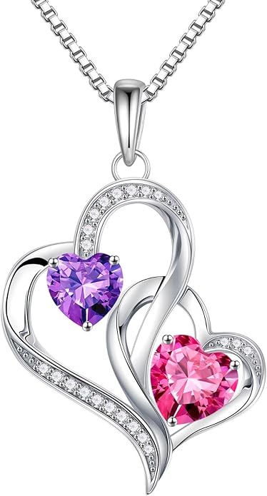 Iefil Birthstone Necklace for Women - 925 Sterling Silver Double Birthstone Heart Necklace | Anniversary Birthday Gifts for Women | Personalized Gifts | Jewelry Gifts for Wife Mom Girlfriend