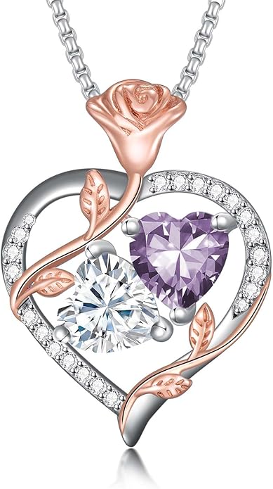 Jewelry for Her Double Heart Rose Birthstone Pendant Necklace Anniversary Jewelry Christmas Birthday Gifts for Women Wife Girlfriend