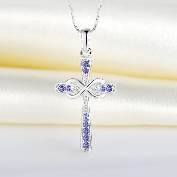 YL 925 Sterling Silver Cross Necklace for Women Halo Infinity Pendant Birthstone Jewelry for Mom