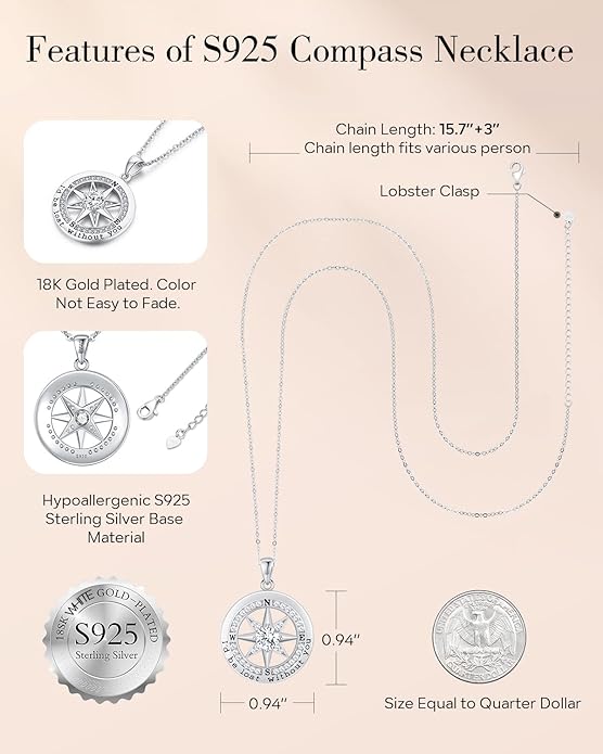 S925 Necklace Gift for Wife |Compass Jewelry |Women Anniversary |Sterling Silver |Girlfriend Birthday Gifts for Her Valentines |I'd be Lost without You |Jewel 18K Gold