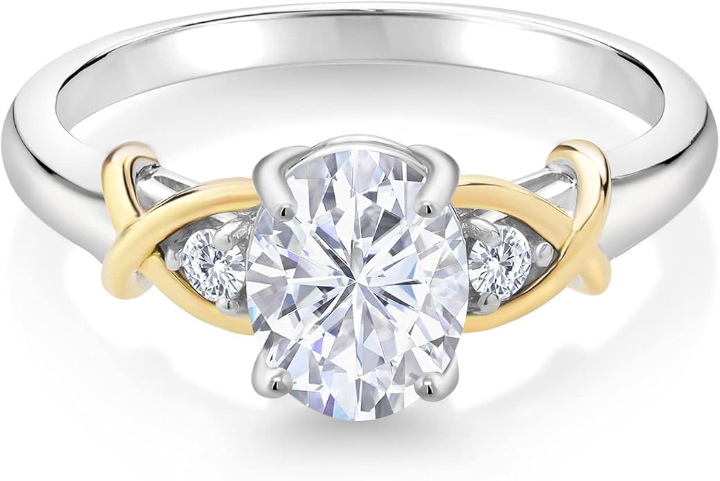 Gem Stone King 925 Sterling Silver and 10K Yellow Gold White Moissanite 3-Stone Engagement Ring | 1.58 Cttw | Oval 8X6MM | 3 Stone Wedding Anniversary Promise Ring For Women