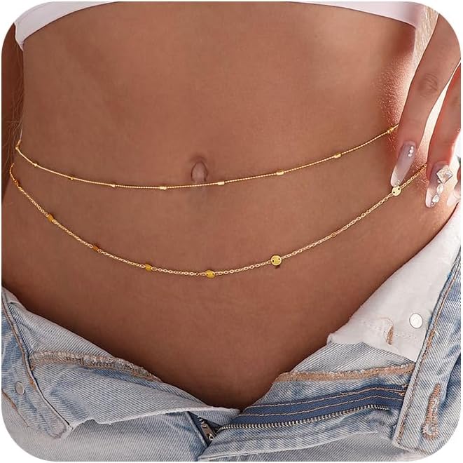 Body Chain for Women 14K Gold Plated Waist Beads Chain Gold Belly Belt Body Chains Waterproof Adjustable Sexy Bikini Beach Body Jewelry Daily Belts Gifts for Women 26.5-33Inch