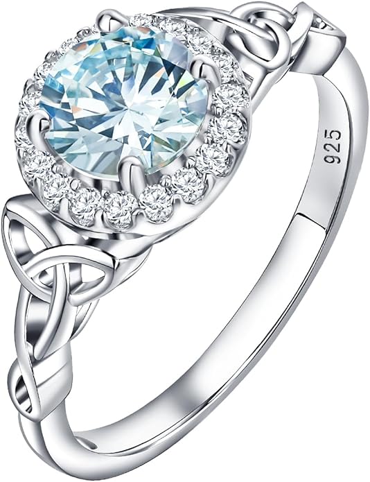 DAYBYDAY Celtic Birthstone Rings for Women 925 Sterling Silver Heart/Round/Pear/Oval Created Gemstone Moissanite Halo Engagement Promise Rings for Her Wife Birthday Anniversary Wedding Jewelry