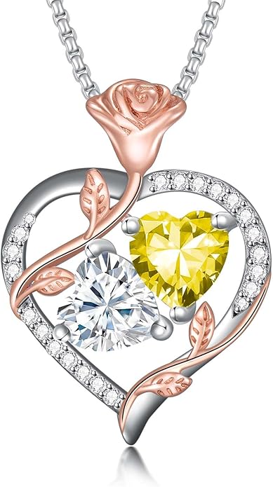 Jewelry for Her Double Heart Rose Birthstone Pendant Necklace Anniversary Jewelry Christmas Birthday Gifts for Women Wife Girlfriend
