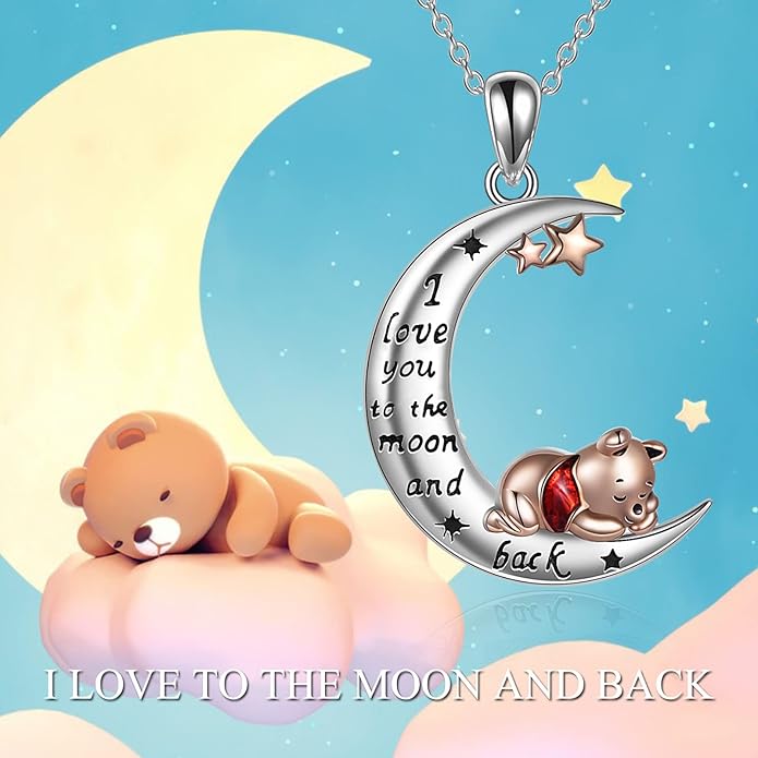 LILALO Bear Necklace Sterling Silver Moon Jewelry with I Love You To the Moon And Back Bear Gifts