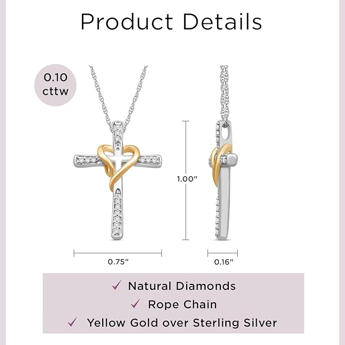 Jewelili Cross Heart Necklace Pendant in Yellow Gold or Rose Gold over Sterling Silver with 1/10 CTTW Natural White Round Diamonds and 18 inch Rope Chain