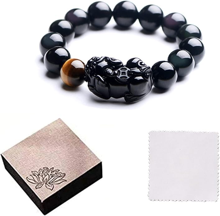 Black Obsidian Bracelet,Feng Shui Black Obsidian Wealth Bracelet for Women Men Stretch Obsidian Bracelet Bangle with Pixiu Tiger Eye Stone Attract Wealth Money and Good Luck