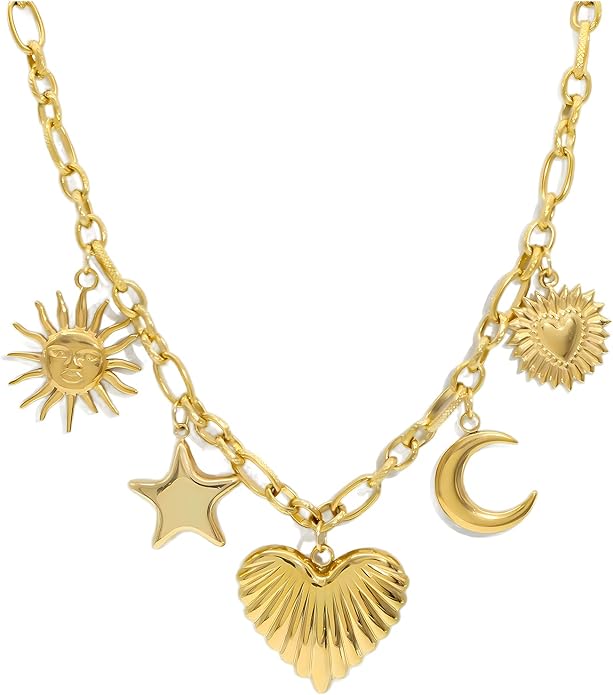 Chunky Retro Heart Necklace for Women Antique Layer Beach Ocean Moon Stars Western Boho Charm Necklaces Retro Link Chain Jewelry