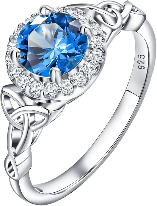 DAYBYDAY Celtic Birthstone Rings for Women 925 Sterling Silver Heart/Round/Pear/Oval Created Gemstone Moissanite Halo Engagement Promise Rings for Her Wife Birthday Anniversary Wedding Jewelry