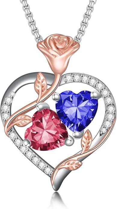 Jewelry for Her Double Heart Rose Birthstone Pendant Necklace Anniversary Jewelry Christmas Birthday Gifts for Women Wife Girlfriend