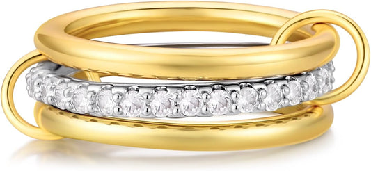 14K Gold Plated Interlocked Stackable Rings for Women Non Tarnish,Gold and Silver Cubic Zirconia Statement Rings Set,Mixed Metals Ring Two-Toned Connected Bands Stacking Jewelry