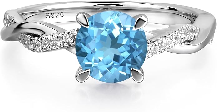 LUO 925 Sterling Silver 7x7mm Round Cut Gemstone Birthstone Rings for Women, Twist Infinity Engagement Ring Birthstone Jewelry Anniversary Wedding Promise for Lady Size 3-13