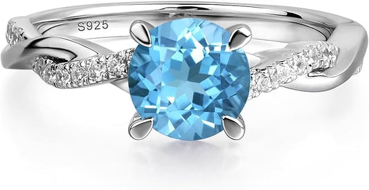 LUO 925 Sterling Silver 7x7mm Round Cut Gemstone Birthstone Rings for Women, Twist Infinity Engagement Ring Birthstone Jewelry Anniversary Wedding Promise for Lady Size 3-13