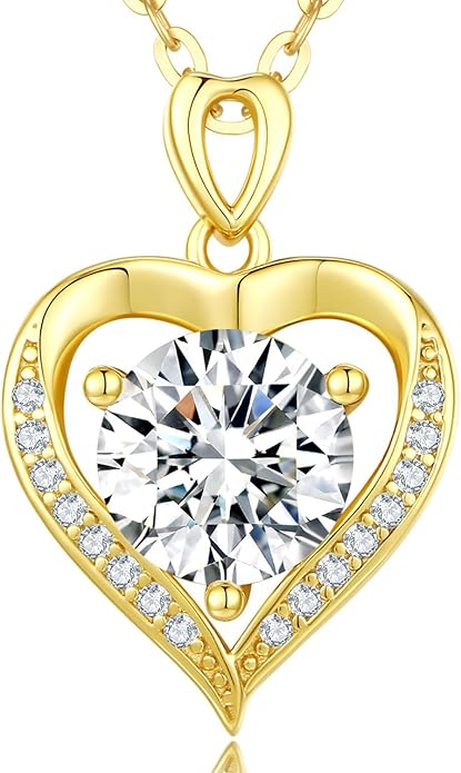 Moissanite Heart Pendant Necklace for Women,1-2 Carat Necklace Engraved with 'I LOVE YOU,18K Gold Plated Sterling Silver Pendant Jewelry Anniversary Birthday Gifts for Girlfriend Wife Mom