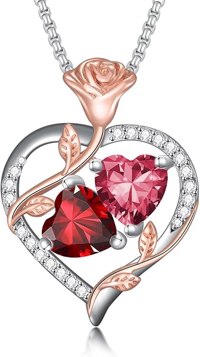 Jewelry for Her Double Heart Rose Birthstone Pendant Necklace Anniversary Jewelry Christmas Birthday Gifts for Women Wife Girlfriend