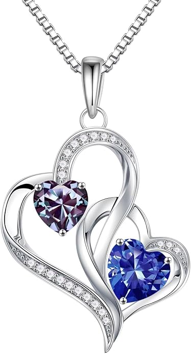 Iefil Birthstone Necklace for Women - 925 Sterling Silver Double Birthstone Heart Necklace | Anniversary Birthday Gifts for Women | Personalized Gifts | Jewelry Gifts for Wife Mom Girlfriend