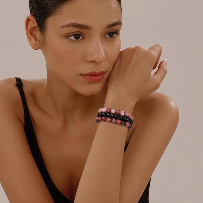 Healing Crystal Bracelets for Women Men 8mm Tiger Eye Hematite Black Obsidian Natural Stone Beaded Stretch Bracelet Triple Protection Handmade Gemstone Reiki Spiritual Jewelry Gifts