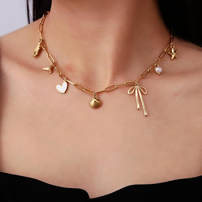 Charm Necklace for Women 14K Gold Plated Shell Cowgirl Boot Horseshoe Bow Heart Pendant Necklace Beach Western Jewelry