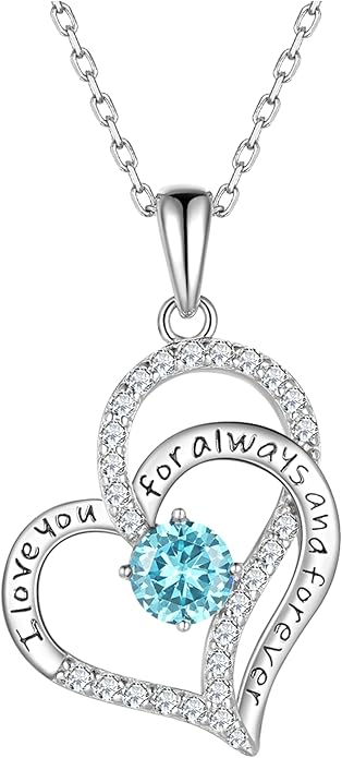Heart Birthstone Silver Necklace for Women, S925 Sterling Silver Pendant Necklace Birthday Jewelry Gifts for Her Mother Mom Wife Girlfriend