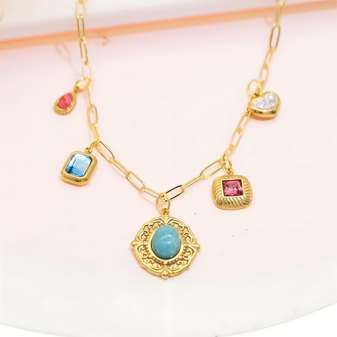 Chunky Retro Heart Necklace for Women Antique Layer Beach Ocean Moon Stars Western Boho Charm Necklaces Retro Link Chain Jewelry