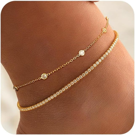 Ritach Ankle Bracelets for Women - Stainless Steel Silver/Gold Anklets for Women Waterproof Layered Cuban Link Figaro Chain Heart Anklets Set Summer Beach Jewelry Gifts