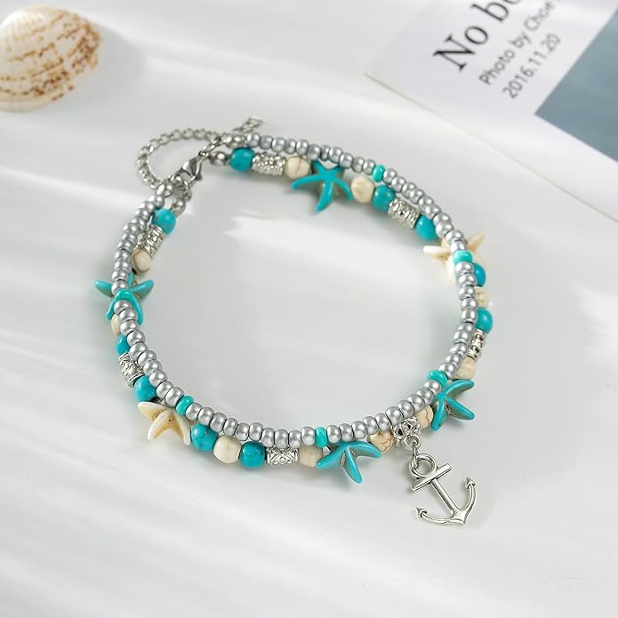 Starain Blue Turtle Anklets for Women Multilayer Beads Handmade Beach Ankle Bracelet Set Boho Foot Jewelry