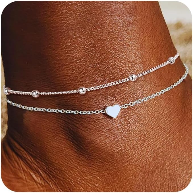 Ritach Ankle Bracelets for Women - Stainless Steel Silver/Gold Anklets for Women Waterproof Layered Cuban Link Figaro Chain Heart Anklets Set Summer Beach Jewelry Gifts