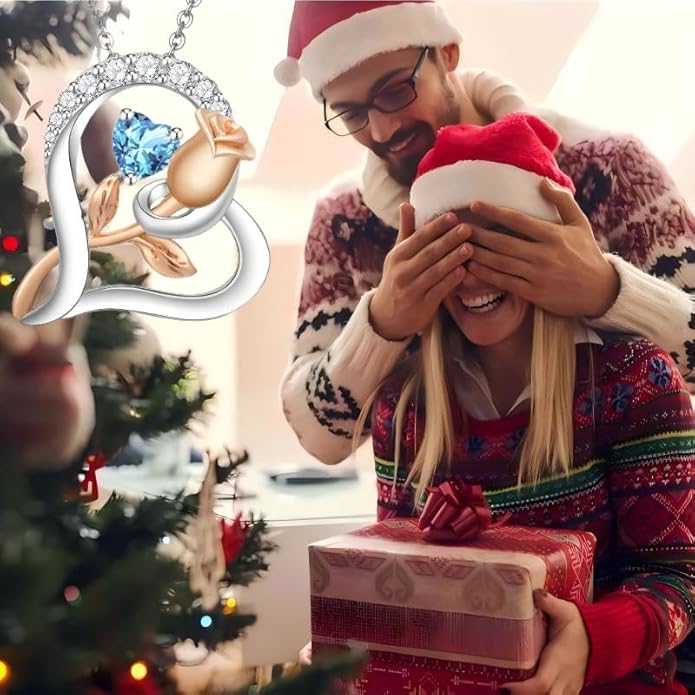 Rose Flower Heart Birthstone Necklaces for Women, 925 Sterling Silver Anniversary Jewelry, Pendant Heart Necklaces Birthday Anniversary Christmas Gift for Women Wife Mom Girlfriend Lady