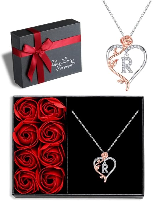 Iefil Rose Heart Necklaces Gifts for Women - 925 Sterling Silver Rose Heart Initial Necklace, Anniversary Birthday Gifts for Women, Jewelry Gift for Her Wife Girlfriend Mom Daughter