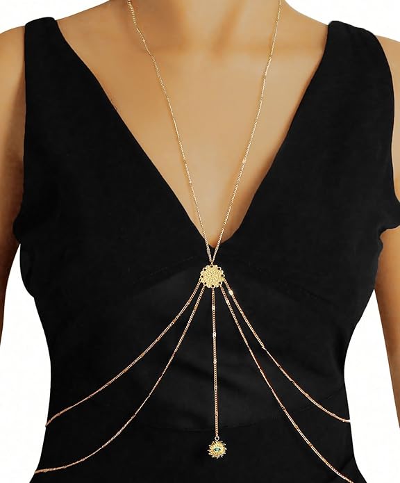 14K Gold Body Chains for Women, Sexy Layered Belly Waist Chain Bikini Bra Chain, Summer Beach Rhinestone Body Jewelry