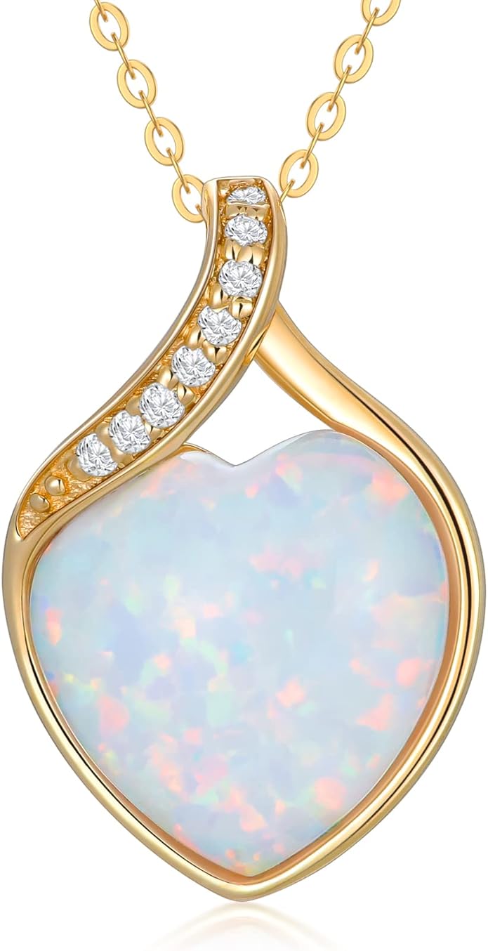 YDD 14k Solid Gold White Opal Necklace for Women Heart Shape Opal with Genuine Diamond Pendant Necklace Heart Necklace Opal Jewelry Diamond Jewelry Gifts 16"-18"