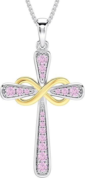 YL 925 Sterling Silver Cross Necklace for Women Halo Infinity Pendant Birthstone Jewelry for Mom