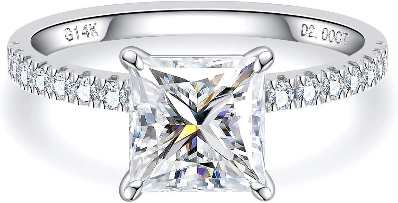 14K Solid Gold Side Stones Ring, Round/Princess Cut Centerpiece Moissanite Lab Grown Created Diamond, D Color and Flawless Real Gold Wedding Anniversary Ring