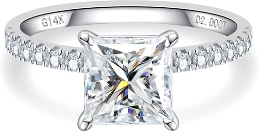 14K Solid Gold Side Stones Ring, Round/Princess Cut Centerpiece Moissanite Lab Grown Created Diamond, D Color and Flawless Real Gold Wedding Anniversary Ring