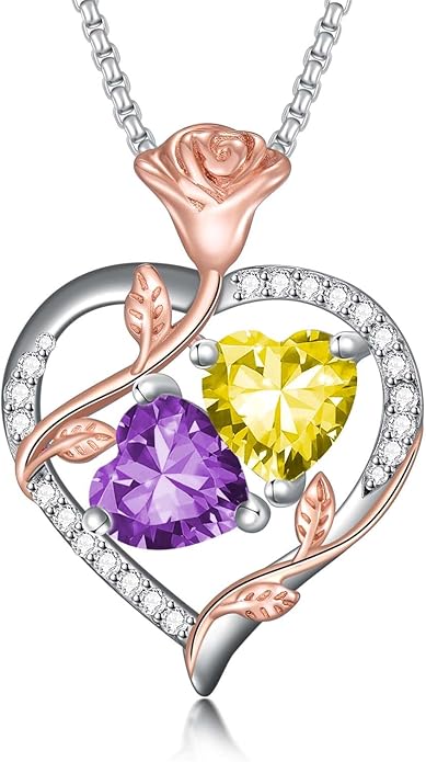 Jewelry for Her Double Heart Rose Birthstone Pendant Necklace Anniversary Jewelry Christmas Birthday Gifts for Women Wife Girlfriend