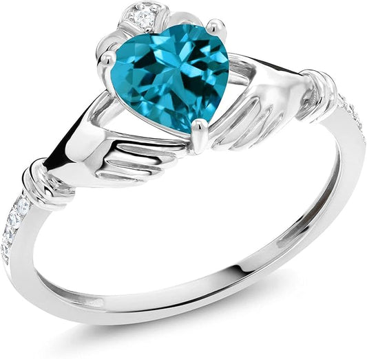 Gem Stone King 10K White Gold 6MM Heart Shape Gemstone Birthstone and White Diamond Irish Celtic Claddagh Engagement Ring | Gold Ring For Women | Available In Size 5, 6, 7, 8, 9