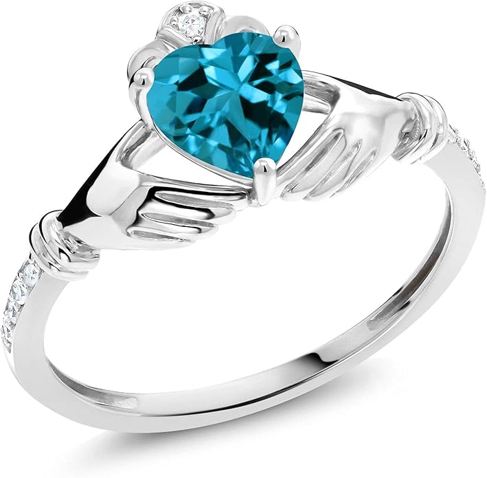 Gem Stone King 10K White Gold 6MM Heart Shape Gemstone Birthstone and White Diamond Irish Celtic Claddagh Engagement Ring | Gold Ring For Women | Available In Size 5, 6, 7, 8, 9