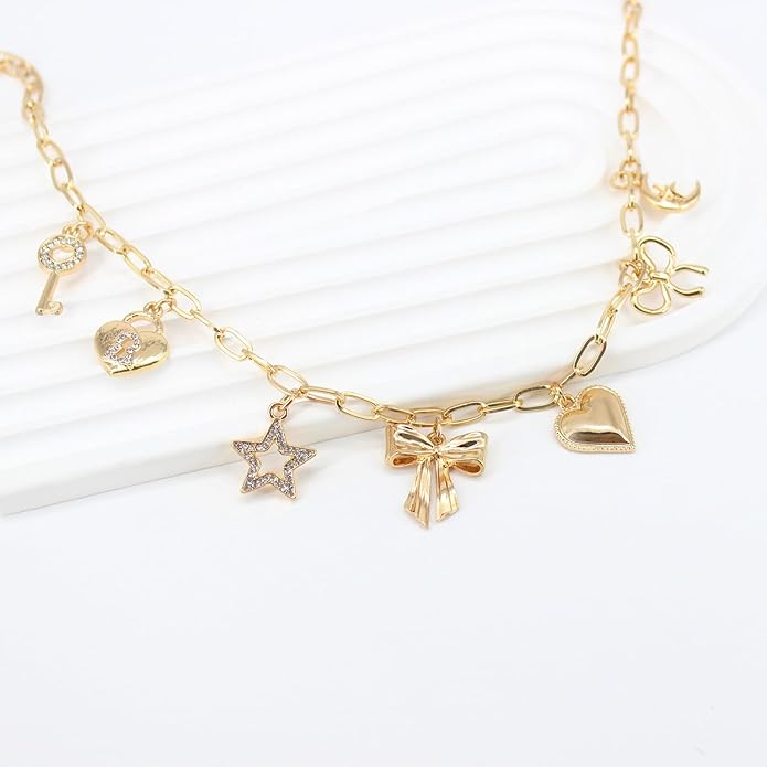 Gold Plated Paperclip Chain Beach Charm Necklace for Women Cute Shell Bow Dainty Beachy Starfish Pearl Seashell Strawberry Fruit Heart Mermaid Summer Jewelry Gift