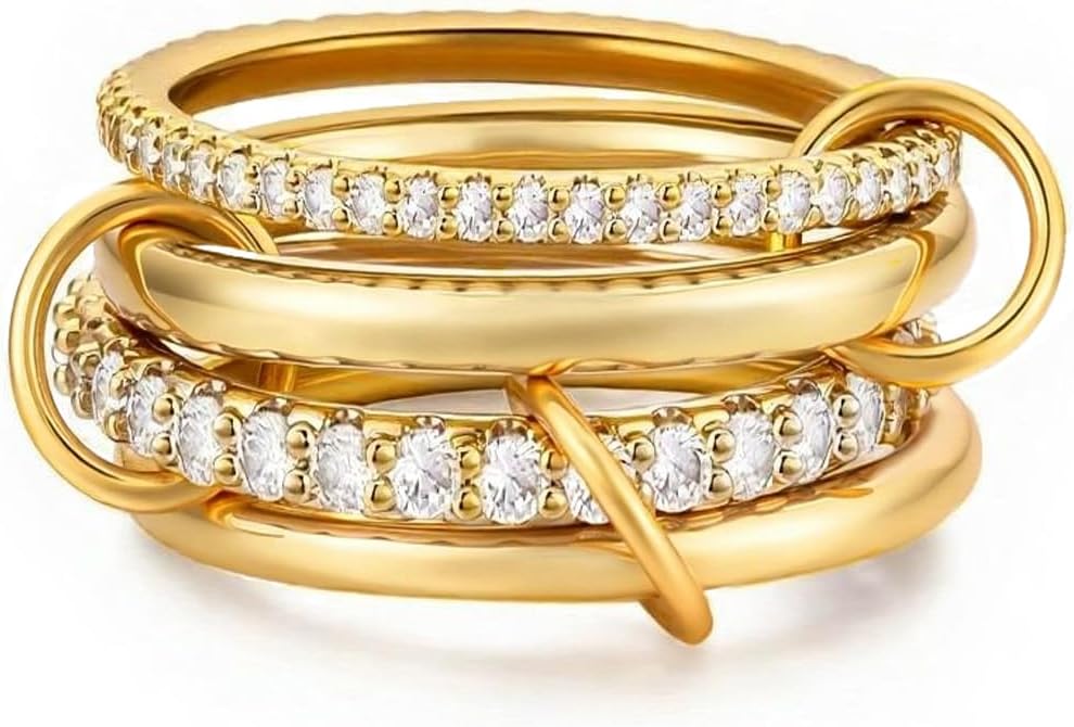 14K Gold Plated Interlocked Stackable Rings for Women Non Tarnish,Gold and Silver Cubic Zirconia Statement Rings Set,Mixed Metals Ring Two-Toned Connected Bands Stacking Jewelry
