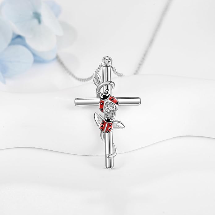 Flower Cross Necklace 925 Sterling Silver Carnation/Rose/Lily/Daisy Cross Necklace Birth Flower Jewelry for Women
