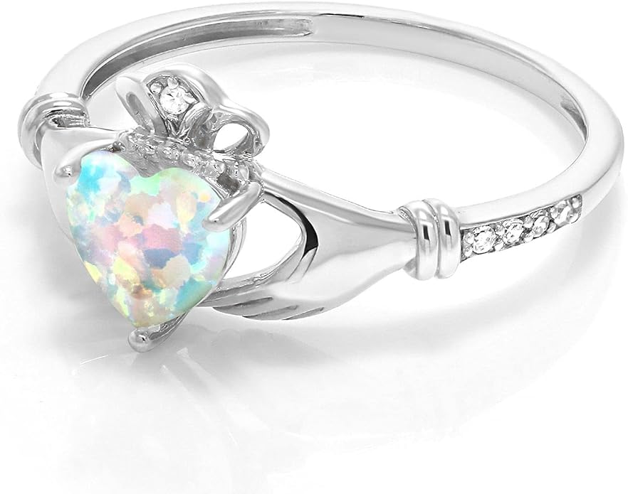 Gem Stone King 10K White Gold 6MM Heart Shape Gemstone Birthstone and White Diamond Irish Celtic Claddagh Engagement Ring | Gold Ring For Women | Available In Size 5, 6, 7, 8, 9