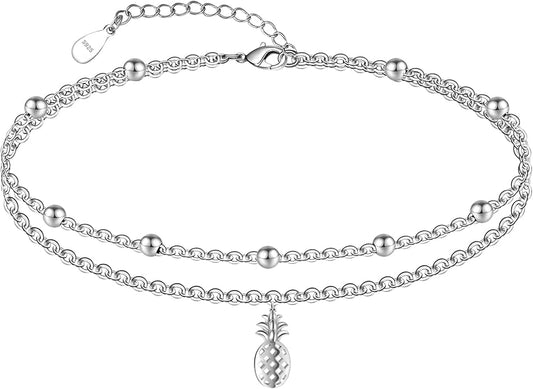 CHIC & ARTSY Womens Sterling Silver Created Opal Layered Anklet Bracelet Dainty Beaded Chain Adjustable 11" Best Friend Anklet