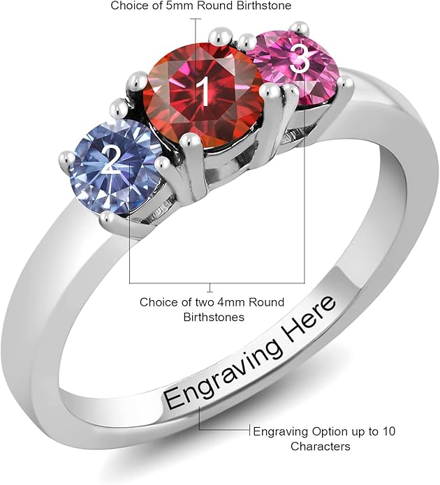 Gem Stone King 925 Sterling Silver Customized and Personalized 3 Gemstone Birthstone Name Engraved Ring For Women | Round 5MM and 4MM | Available In Size 5, 6, 7, 8, 9