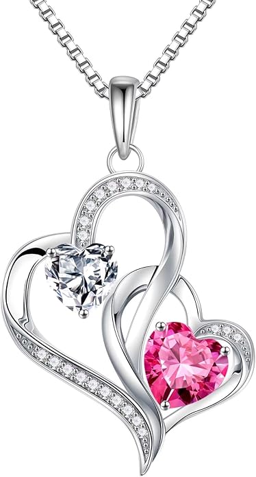 Iefil Birthstone Necklace for Women - 925 Sterling Silver Double Birthstone Heart Necklace | Anniversary Birthday Gifts for Women | Personalized Gifts | Jewelry Gifts for Wife Mom Girlfriend